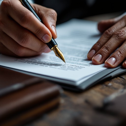 Firma de un documento legal con pluma